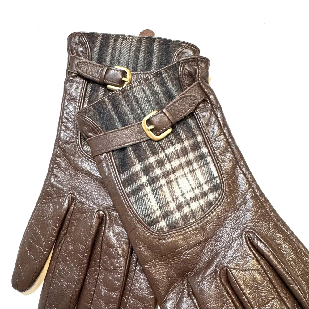 Vintage Merona Brown Leather Gloves with Tartan Plaid Fleece Detail Small Medium - Picture 4 of 7